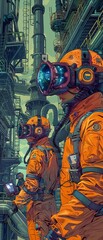 Obraz premium Fiberglass industry inspection, workers in hightech protective suits, augmented reality tools, vibrant colors, steampunk, intricate illustration, factory backdrop
