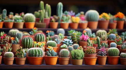 Fototapeta premium Gardening shop, Collection of various cactus plants in different pots. variety of small different cactus in pots on market stall., generative ai
