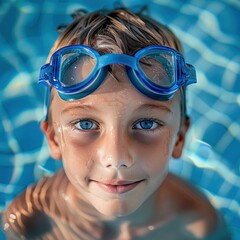 Naklejka premium Smiling Boy Wearing Goggles in a Swimming Pool. Generative ai