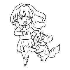 Little girl walking with her dog line art