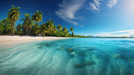 Panorama banner of idyllic tropical beach with palm tree. Views of the ocean from a beach. digital art, generative ai