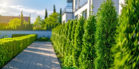 Obraz premium Green Garden Path with Lush Hedges. Generative ai