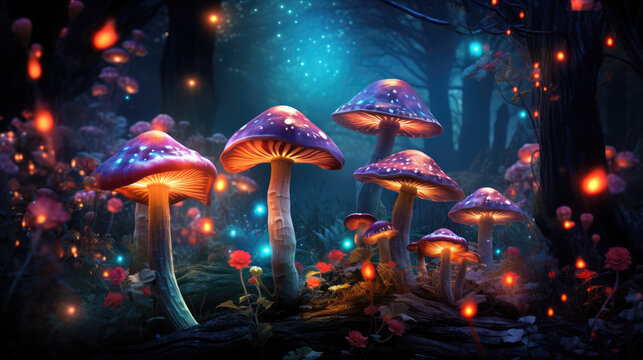 Fantasy enchanted fairy tale forest with magical Mushrooms, fairytale butterflies. Mystical fly agarics glow in a mysterious dark forest. Magic light. digital art, generative ai