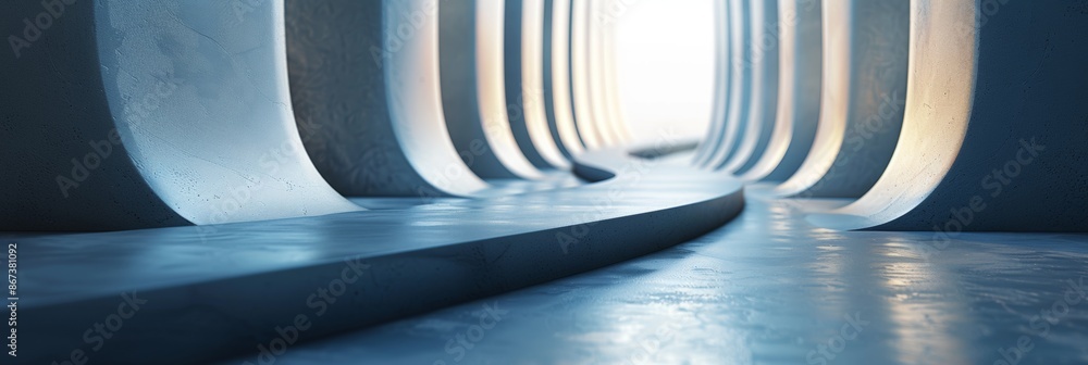 Poster abstract architectural scene showcasing a futuristic corridor with curved lines, smooth textures, an