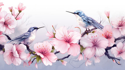 Fototapeta premium Beautiful tropical bird on exotic flowers in vintage style, hummingbirds on white background. Elegant tattoo design. Digital illustration for t shirt, prints, posters, generative ai