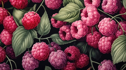 Seamless raspberry pattern with summer berries, fruits, leaves. Vintage botanical 3d illustration for printing fabric, wrapping paper, packaging., generative ai