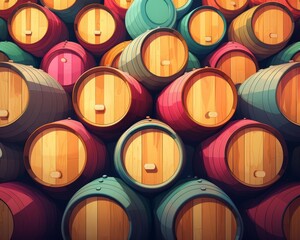 Fototapeta premium wine barrels stacked winery background flat design top view vineyard theme cartoon drawing colored pastel