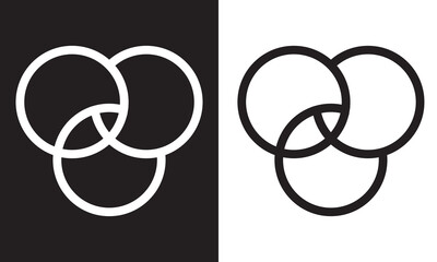 Simple overlapping circles vector drawing, version with three to seven objects, also interlocked rounds style.. Isolated on white and black background. Vector illustration. EPS 10