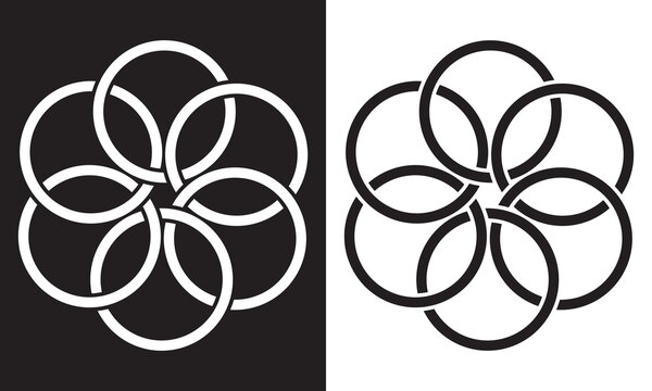 Simple overlapping circles vector drawing, version with three to seven objects, also interlocked rounds style.. Isolated on white and black background. Vector illustration. EPS 10