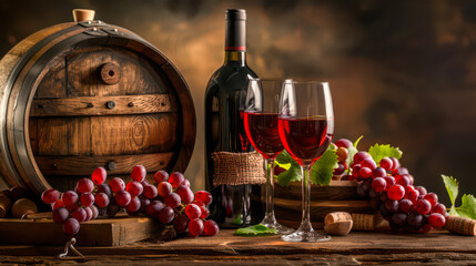 Glasses with red wine next to a barrel of wine and fresh grapes lying on a wooden table