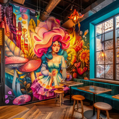 A colorful mural of a woman on the wall in a restaurant