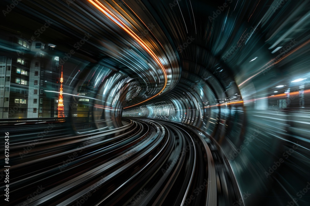 Poster dynamic curved tunnel with metallic design and vivid light trails creating a sci-fi and futuristic a
