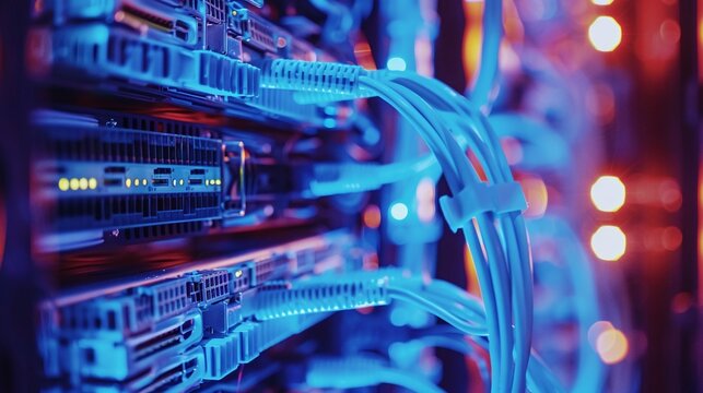 Abstract close up of network cables and racks with servers in a data center