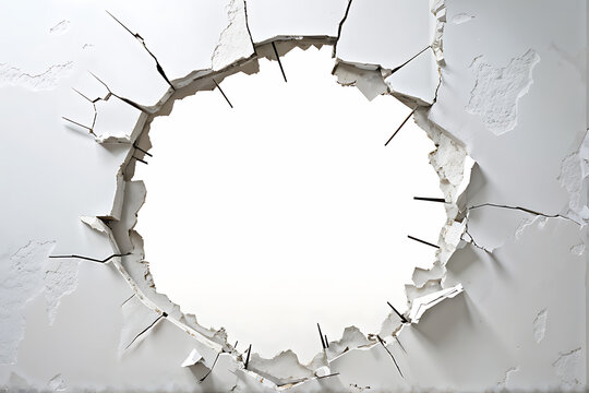 Hole breaking through white wall, cut out 