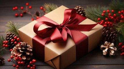 Holiday present. Greeting. Gift box with autumn berries on rustic background. eco friendly packaging gifts. Fall leaves decorative composition., generative ai