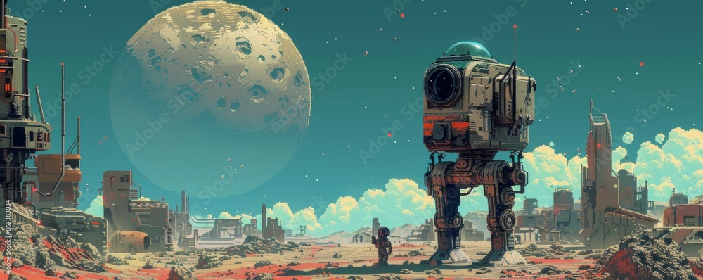 Poster a pixel art rendition of a retro-futuristic robot exploring a desolate planet, its pixelated form co