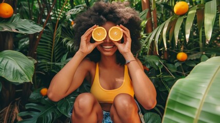 A woman sits in a lush, green tropical garden, holding two orange halves up to her eyes as she smiles for the camera