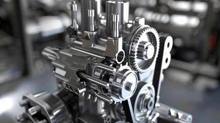 Fototapeta premium Explore detailed explanations of car engine parts and gears anatomy. Concept Internal Combustion Engine, Cylinder, Piston, Crankshaft, Camshaft, Timing Belt, Valves, Fuel Injectors, Spark Plugs