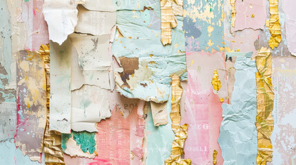 Fashionable background with a collage of torn paper from magazines, variety of patterns. Pastel colours. Generative AI