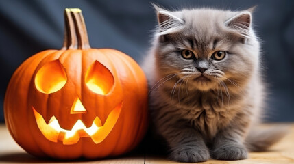Funny Cat with Halloween pumpkin isolated on white background. Kitten and pumpkin on white. Halloween holidays, copy space., generative ai