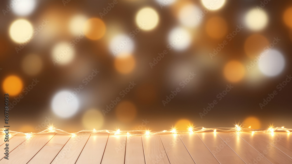 Canvas Prints christmas background with warm bokeh lights on wooden table and copy space. fairy lights. background