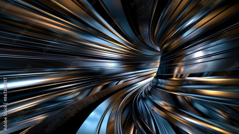 Poster dynamic curved tunnel with metallic design and vivid light trails creating a sci-fi and futuristic a