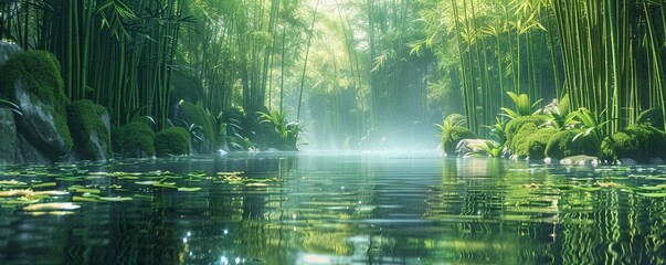 A serene pond surrounded by towering bamboo stalks, their rustling leaves creating a soothing soundtrack to the tranquility of the scene.