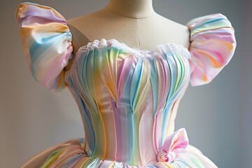 A playful, candy-inspired dress with swirling pastel patterns