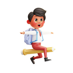 3D illustration Boy Student ride a Pencil