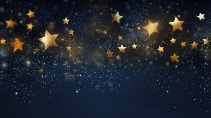 Abstract background with Dark blue and gold glowing stars and particle. New year, Christmas background with gold stars and sparkling. Gold foil texture, generative ai