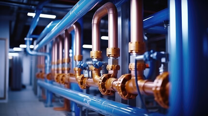 Plumbing service. copper pipeline of a heating system in boiler room. Plumbing, fixing pipes and fittings for connection of water or gas systems,, generative ai