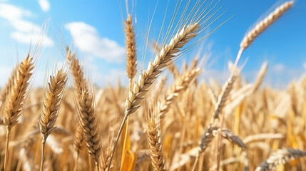 Obraz premium Close up of wheat ears, field of wheat in a summer day. Harvesting period, generative ai