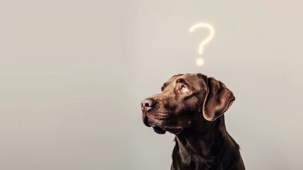 Dog with question mark lights above head on a blank background for text