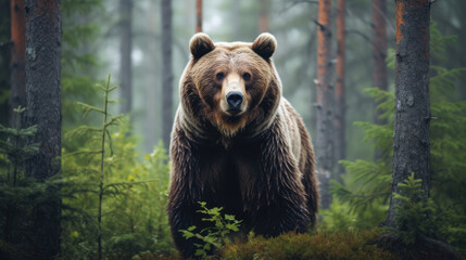 Fototapeta premium A lone wild brown bear also known as a grizzly bear in an forest., generative ai