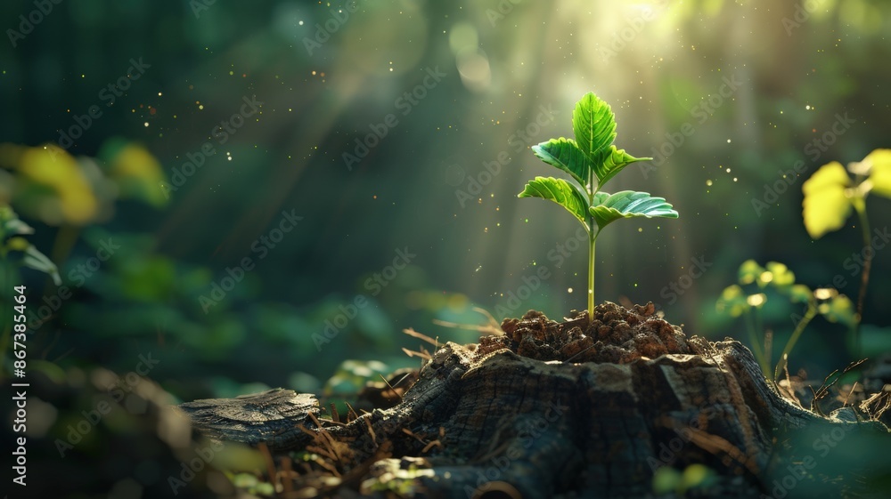Poster a single sapling growing on a tree stump in a forest with a sunbeam shining down