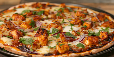 Mouthwatering BBQ chicken pizza with mozzarella, red onions, and fresh cilantro, perfect for gourmet food presentations.