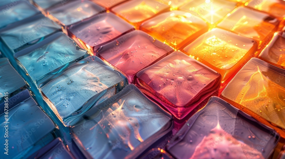 Poster closeup of colorful glass cubes illuminated by reflective lighting, forming an artistic abstract com