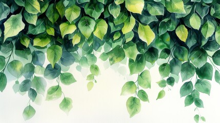 Vibrant watercolor painting with lush green leaves, perfect for spring designs. Capturing a garden in full bloom, it adds organic beauty to any project