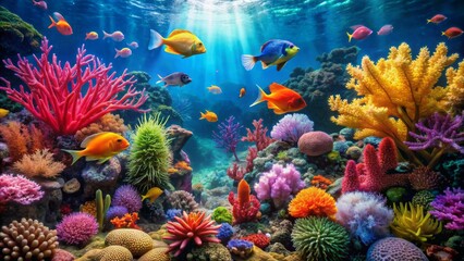 Serene underwater realm featuring colorful coral, swaying seaweed, and vibrant fish amidst a tranquil landscape-inspired aquarium tank background.