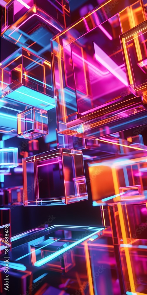 Poster a futuristic geometric abstract design with neon glowing elements and a chaotic grid pattern.