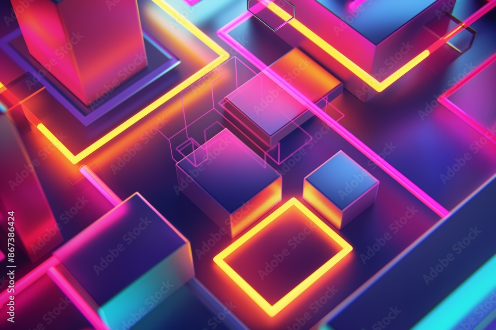 Poster futuristic geometric design with neon glowing elements creating a vibrant and modern feel.