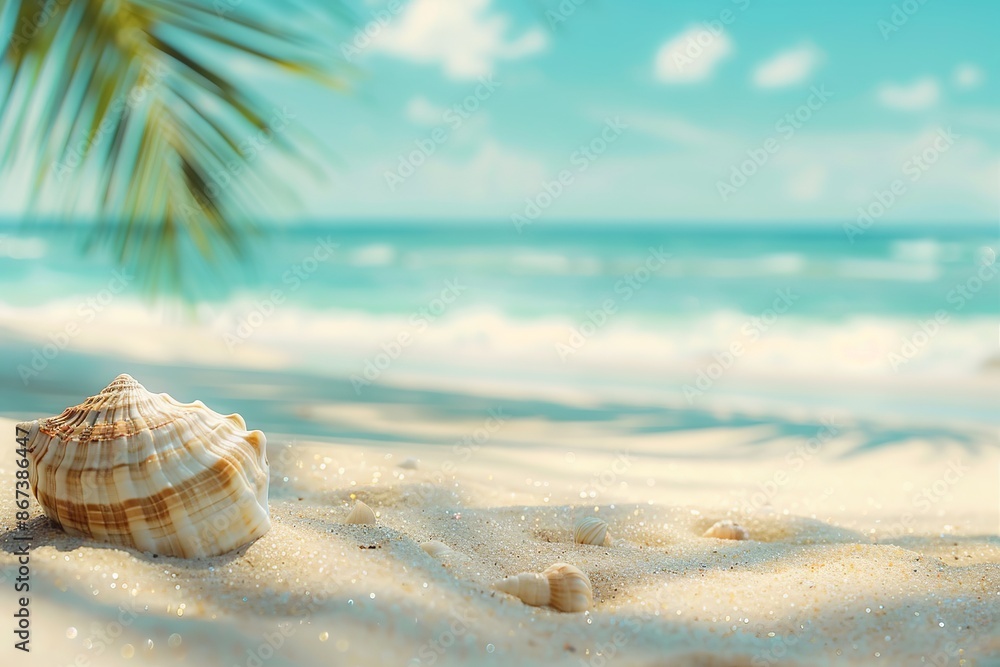 Canvas Prints A single seashell rests on a sandy beach with a clear tropical sea and blue sky in the background