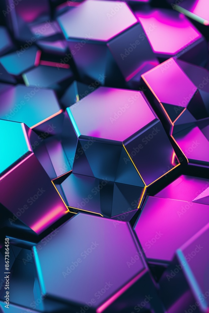 Poster futuristic hexagon structure with neon glowing elements, forming an abstract geometric pattern.