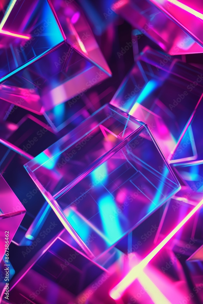 Poster a futuristic crystal structure with neon glowing elements, creating an abstract geometric design.
