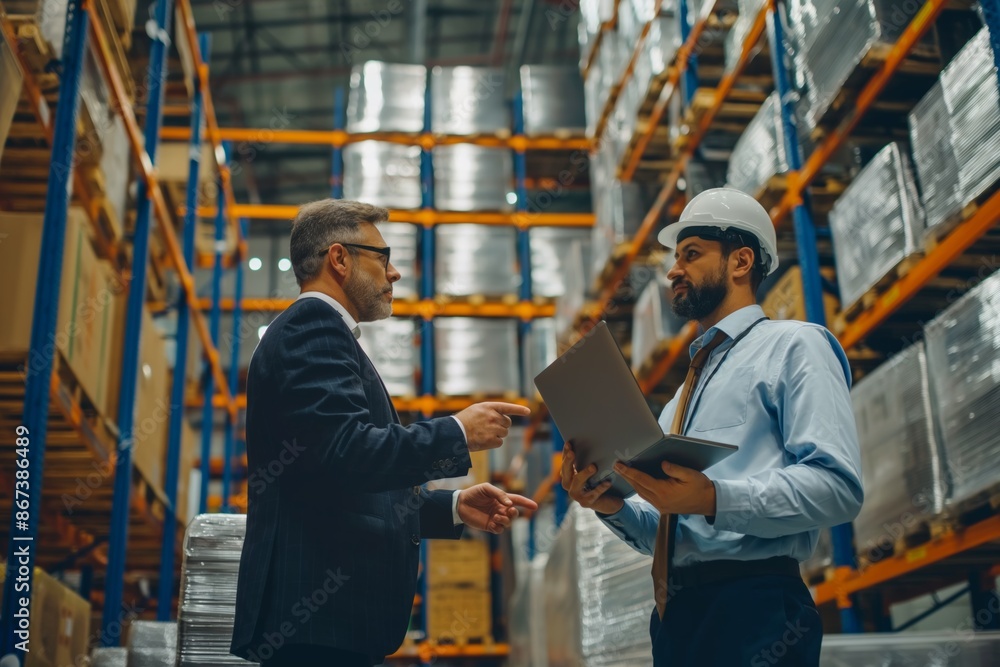 Poster a warehouse manager talking to a worker in a hardhat, managing shipping and distribution operations.