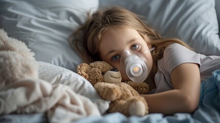 Child lying in bed with a breathing mask holding a teddy bear. A serene moment captured in soft light. Healthcare and comfort in focus. Uses: medical, healthcare, pediatric care, stock photo. AI