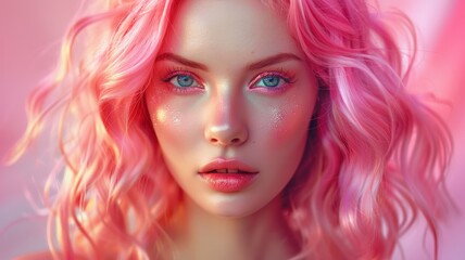 Close-Up Portrait of a Young Woman with Pink Hair and Glittery Makeup in Soft Pink Lighting