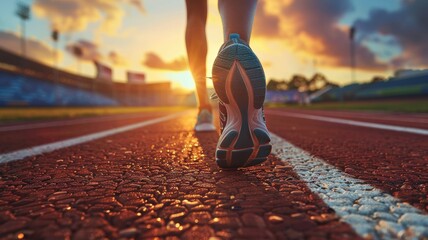 Closeup of Running Shoe on a Track at Sunset