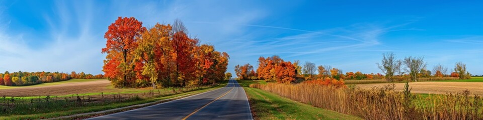 Naklejka premium A peaceful countryside road amidst golden autumnal fields and serene natural surroundings.
