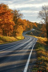 Fototapeta premium A rural journey on a vibrant autumn drive with scenic views and winding roads.